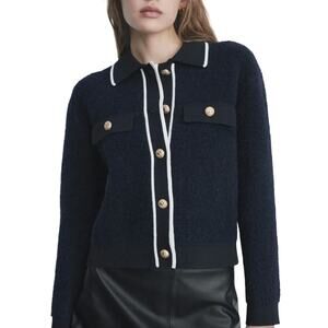 MNG Mango Wool Cropped Sweater Navy White Trim XS Prep